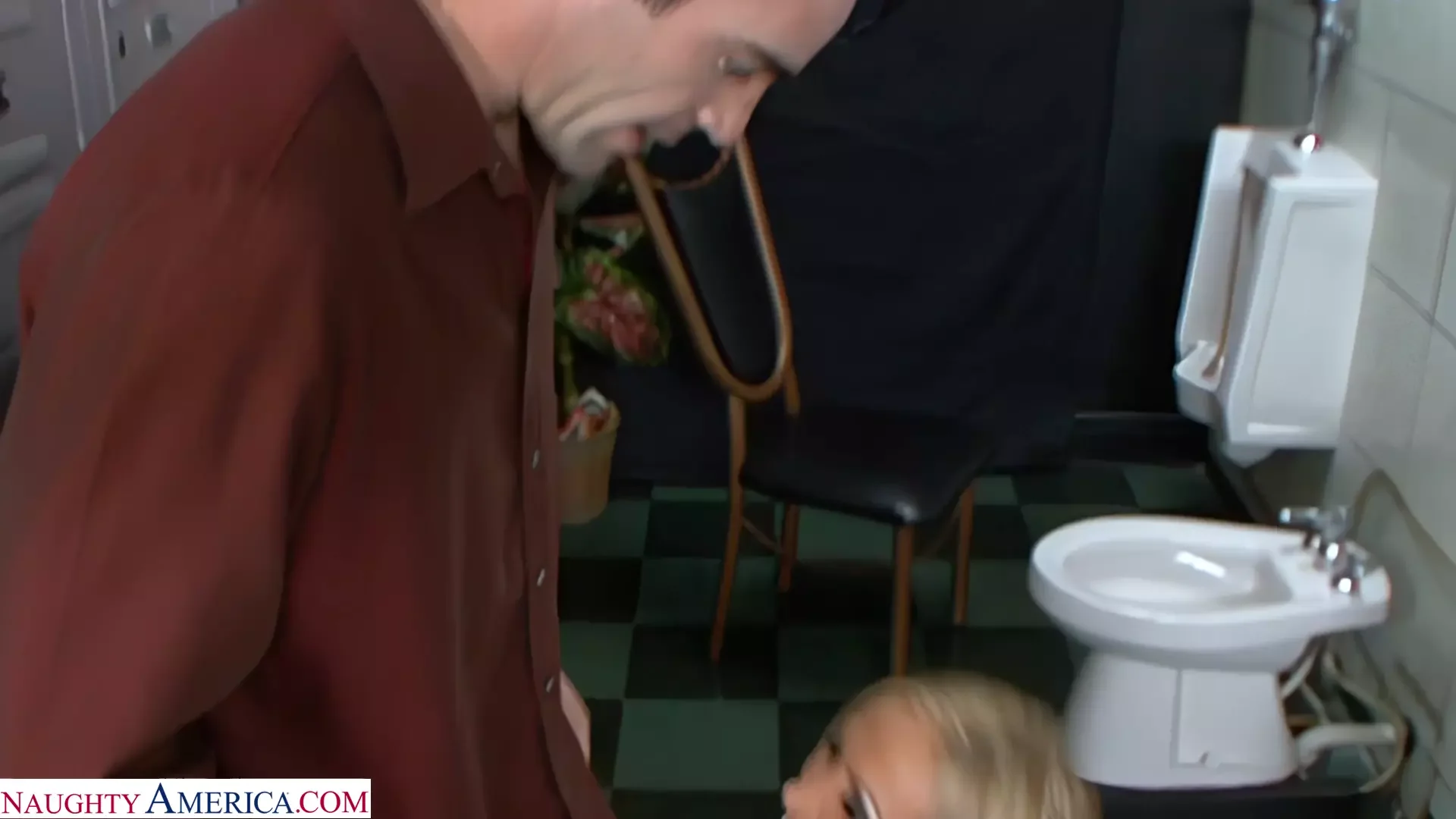 Sexy blonde bombshell gets busy in the bathroom with her friend's husband