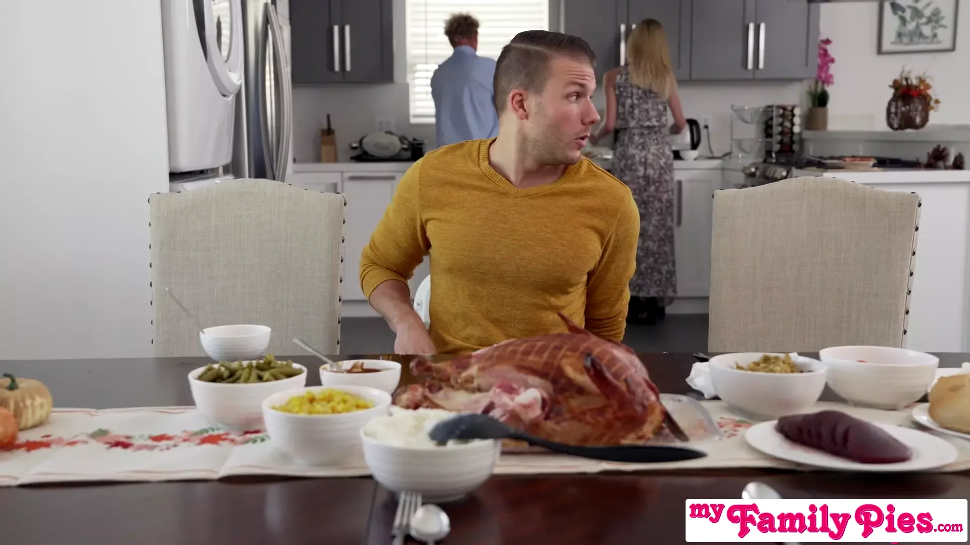 Lulu Chu & Haley Spades Gobble Up Stepbro's Thanksgiving Cock