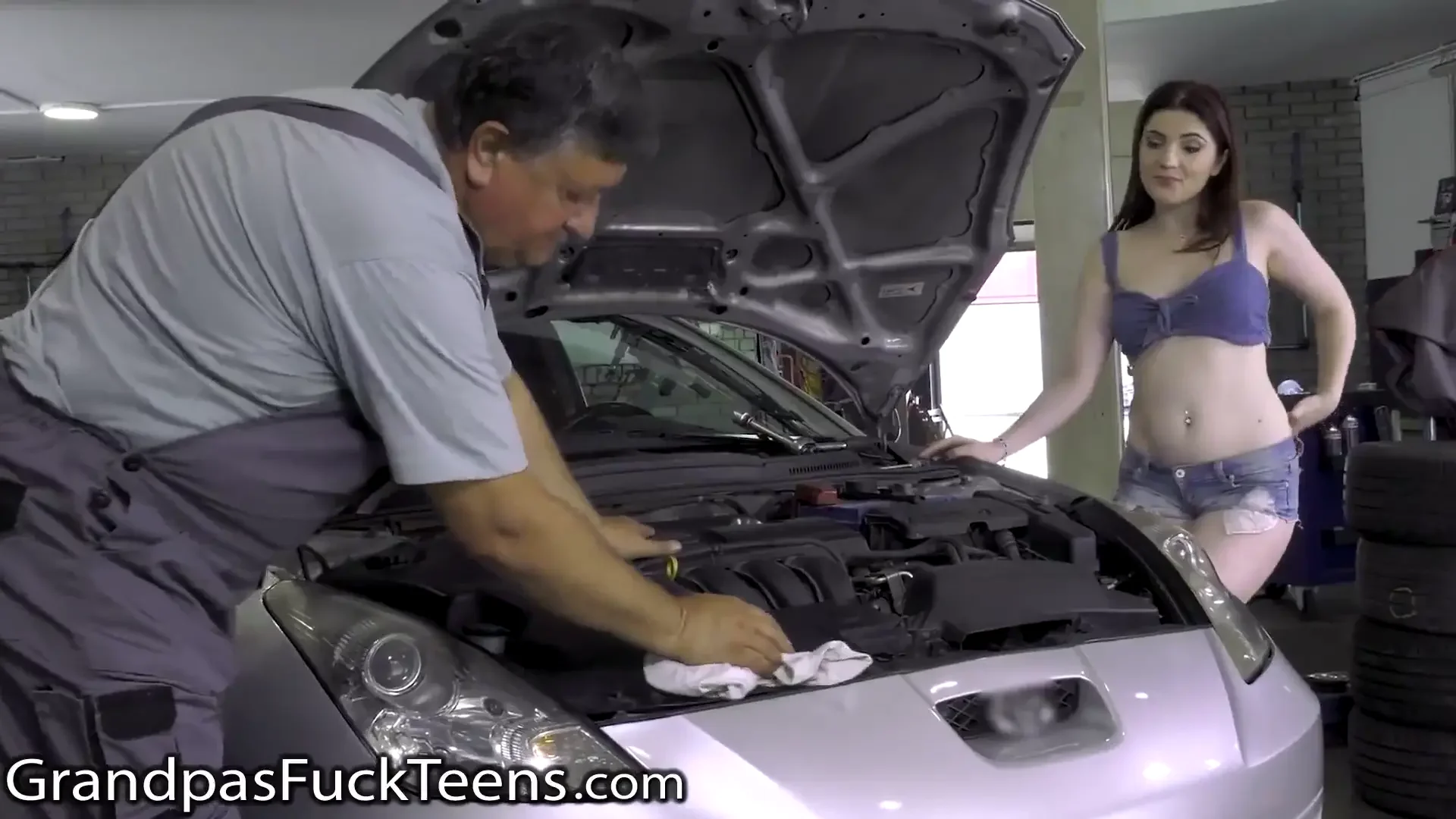 Bored Teen Takes It Doggystyle by the Old Car Mechanic